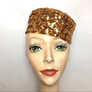 Vintage Pillbox Hat Gold Sequin